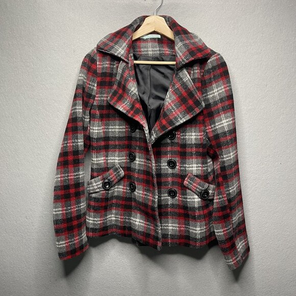 Maurices Womens Red & Gray Plaid Wool Blend Peacoat Jacket S - Picture 1 of 8